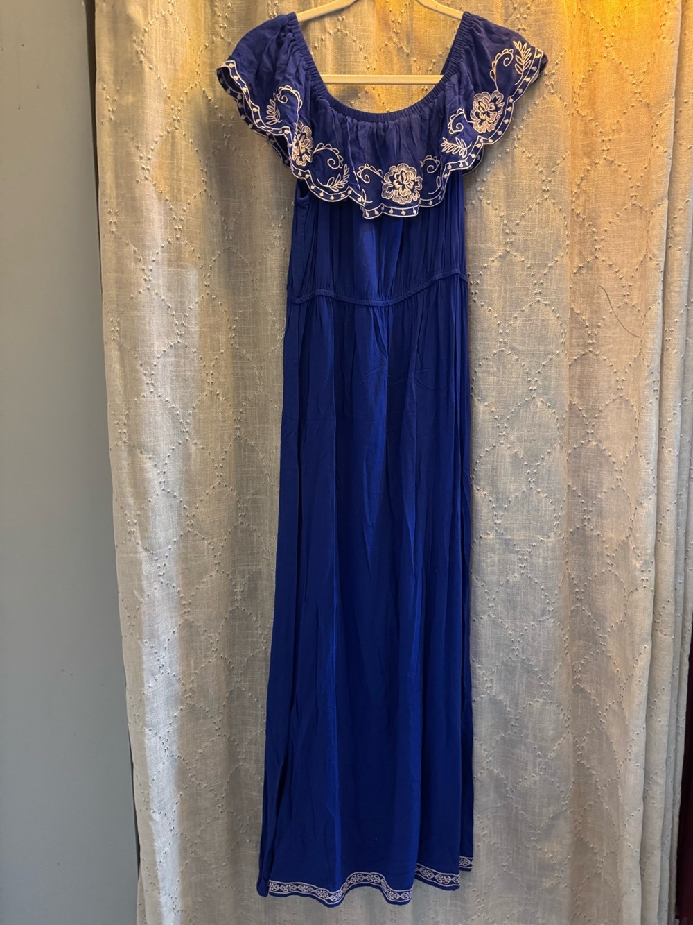 Flying Tomato Floral Embroidery Royal Blue Ruffle Neckline Maxi Dress• Large